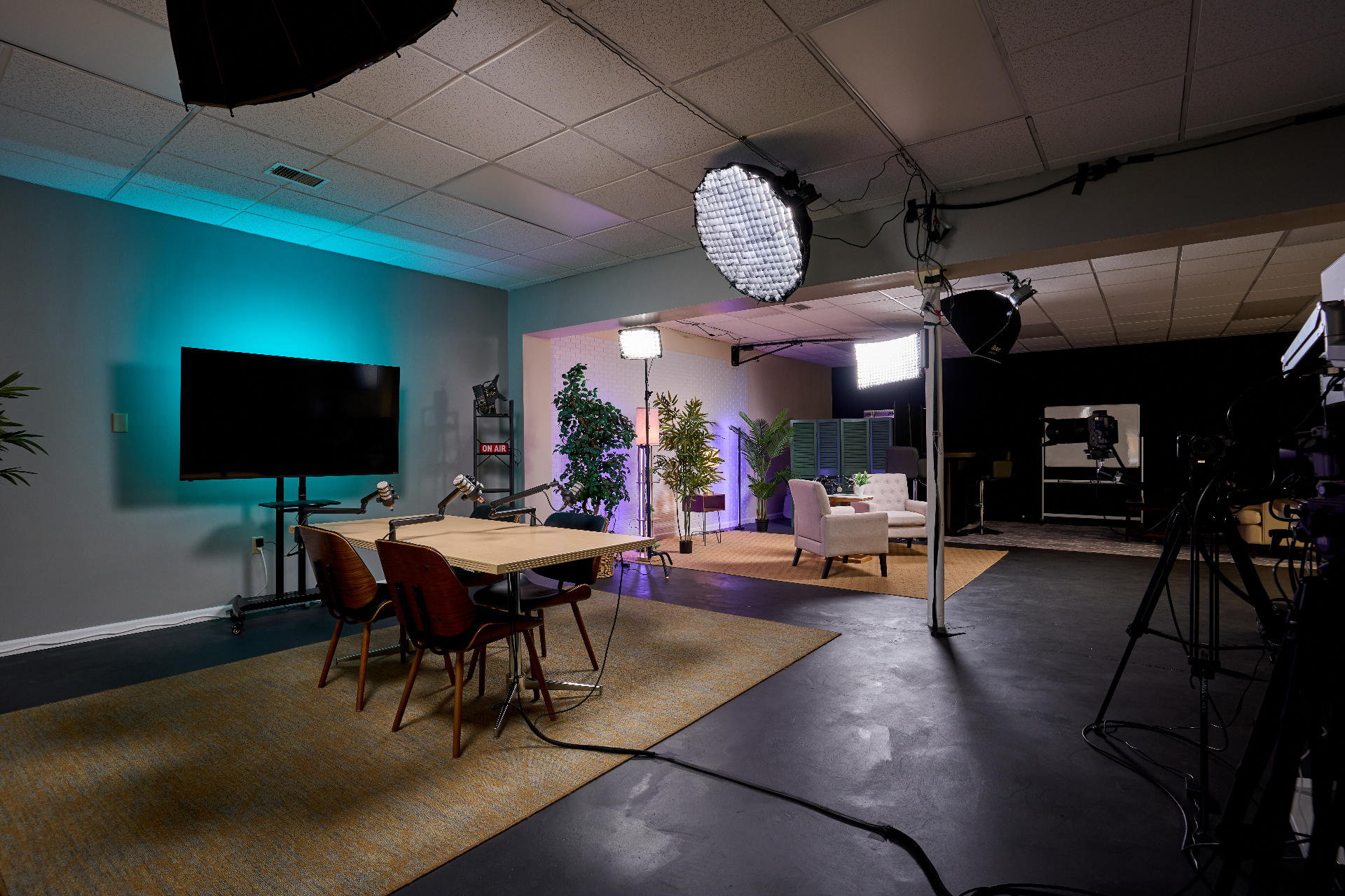 Nieri Creative studio — full view with podcast set and lounge